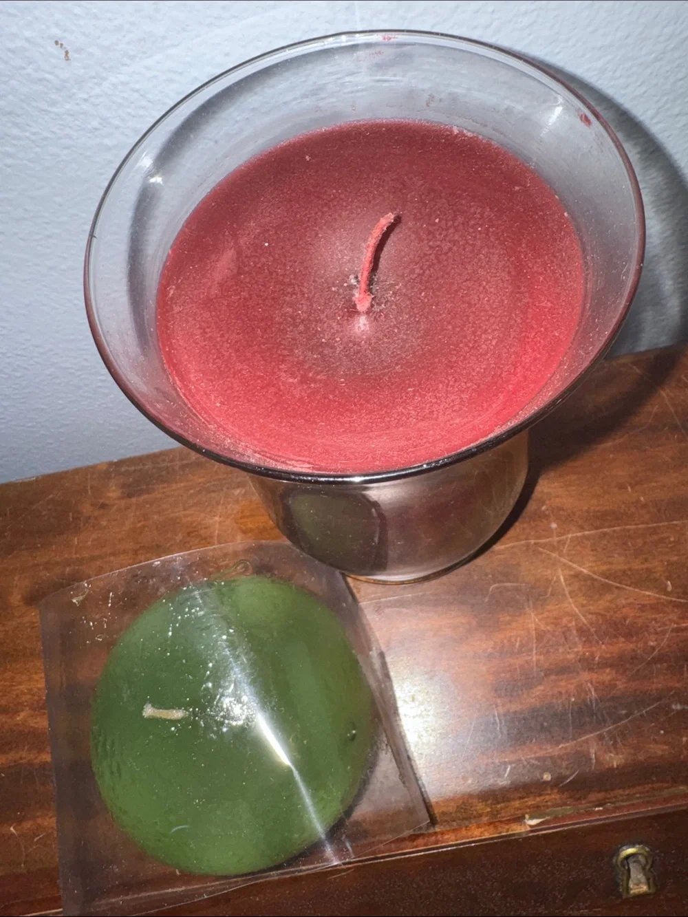 2 PartyLite Decorative Candles Burgundy in Glass &  Round Green Candle